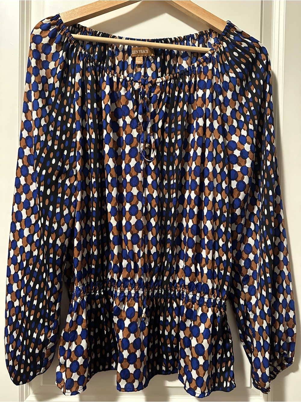 Blue & Brown Polka Dot Peasant Blouse Size L